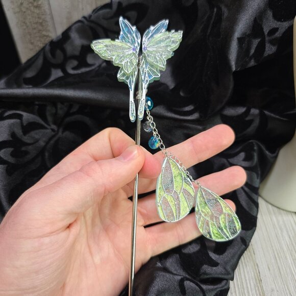 Handmade Delicate Elven Moonlit Butterfly Hair Stick w/ Wings and Crystals Gift - Picture 2 of 9
